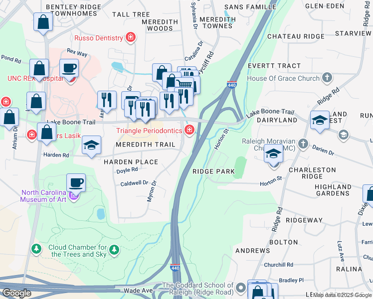 map of restaurants, bars, coffee shops, grocery stores, and more near 2308 Myron Drive in Raleigh