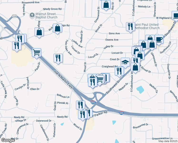 map of restaurants, bars, coffee shops, grocery stores, and more near 812 South Hill Drive in Jonesboro