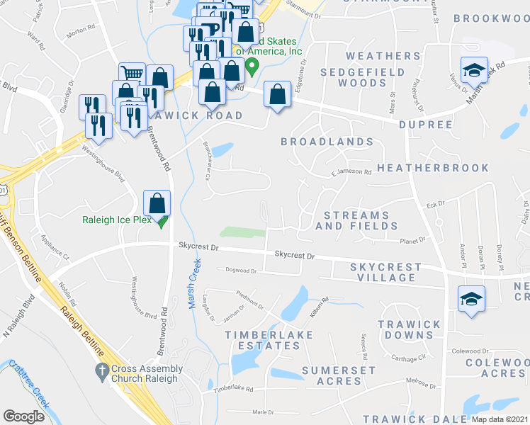 map of restaurants, bars, coffee shops, grocery stores, and more near 2430 Hill Street in Raleigh