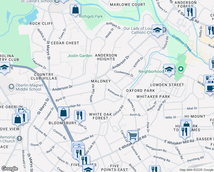 map of restaurants, bars, coffee shops, grocery stores, and more near 2707 Hazelwood Drive in Raleigh