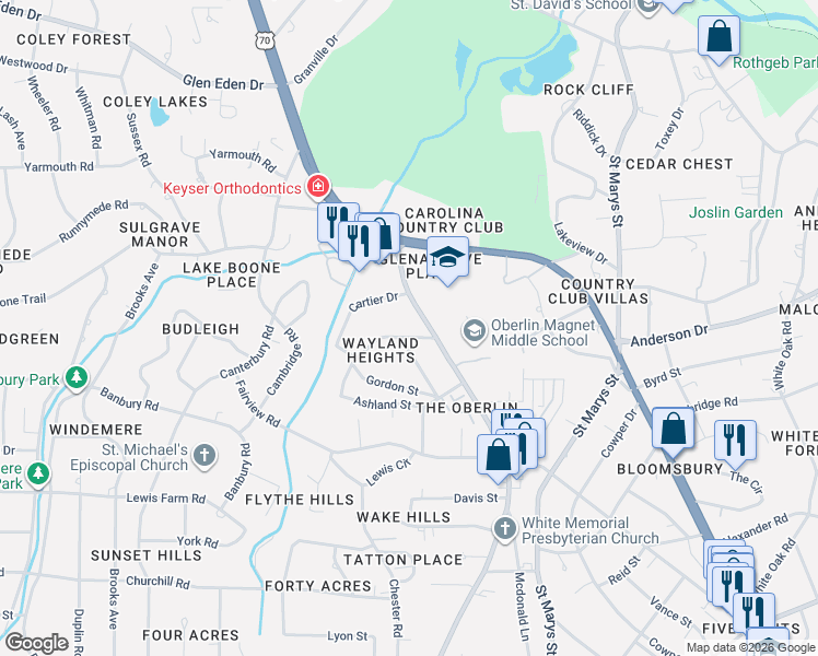 map of restaurants, bars, coffee shops, grocery stores, and more near 2607 Cartier Drive in Raleigh
