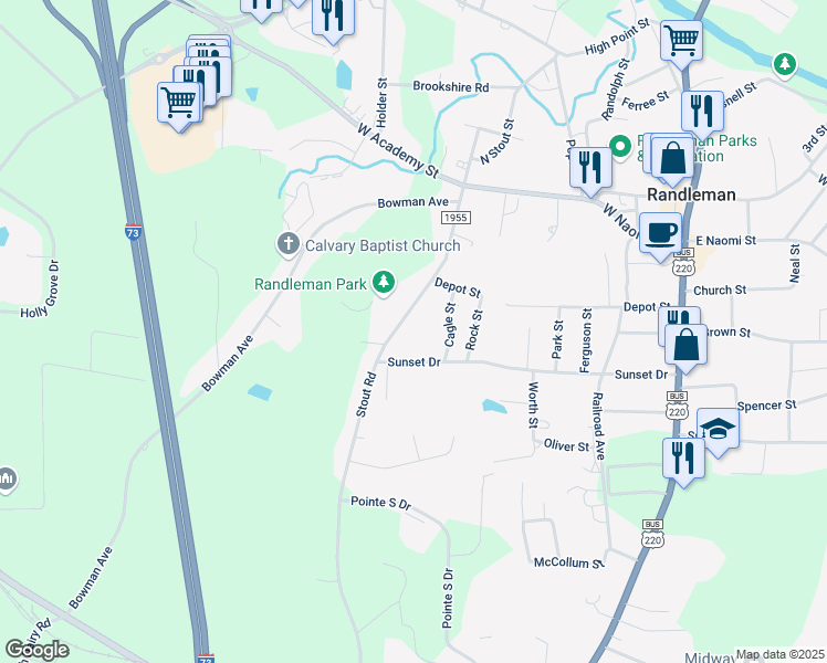 map of restaurants, bars, coffee shops, grocery stores, and more near 409S South Stout Street in Randleman
