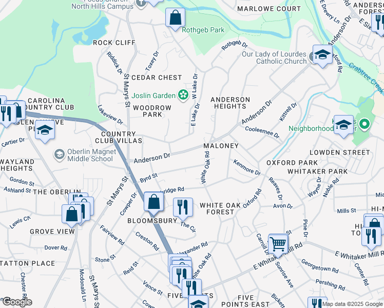 map of restaurants, bars, coffee shops, grocery stores, and more near 2416 Anderson Drive in Raleigh