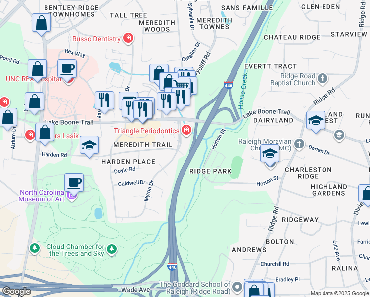 map of restaurants, bars, coffee shops, grocery stores, and more near 2304 Myron Drive in Raleigh