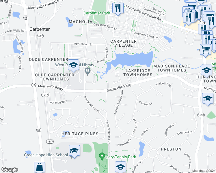 map of restaurants, bars, coffee shops, grocery stores, and more near Valley Side Court in Cary