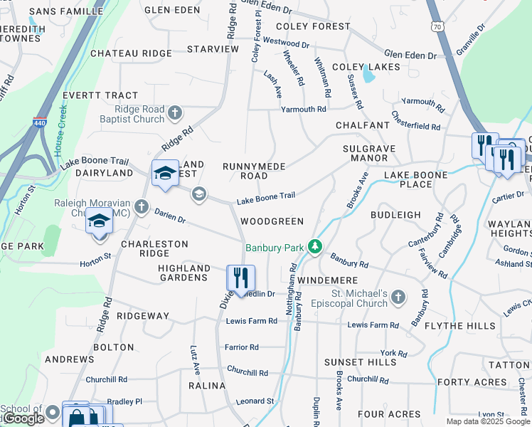 map of restaurants, bars, coffee shops, grocery stores, and more near 3100 Woodgreen Drive in Raleigh