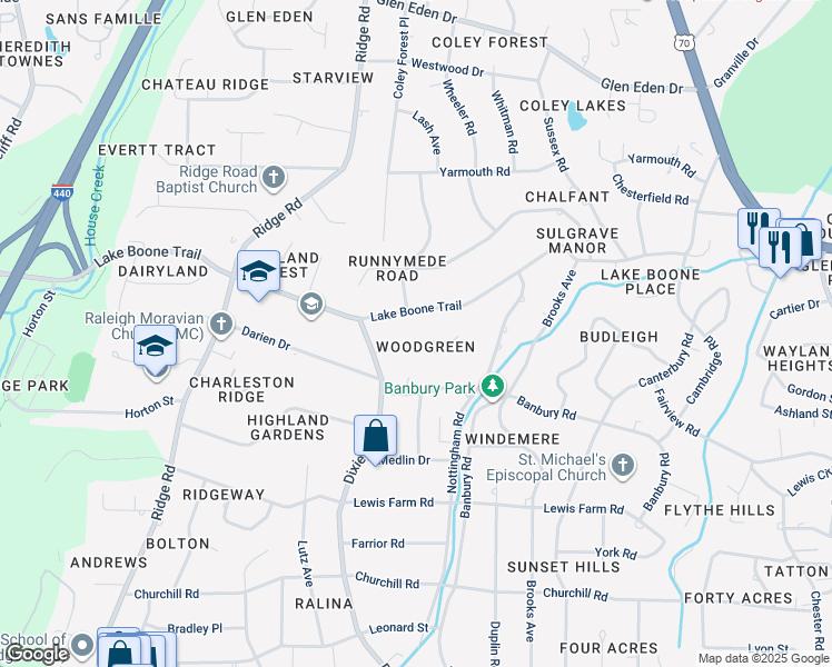 map of restaurants, bars, coffee shops, grocery stores, and more near 3100 Woodgreen Drive in Raleigh