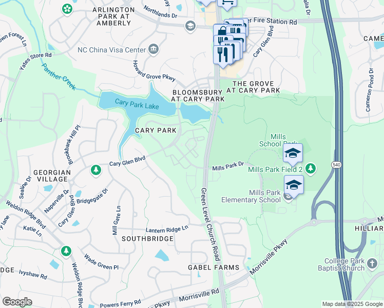 map of restaurants, bars, coffee shops, grocery stores, and more near 222 Waterford Lake Drive in Cary