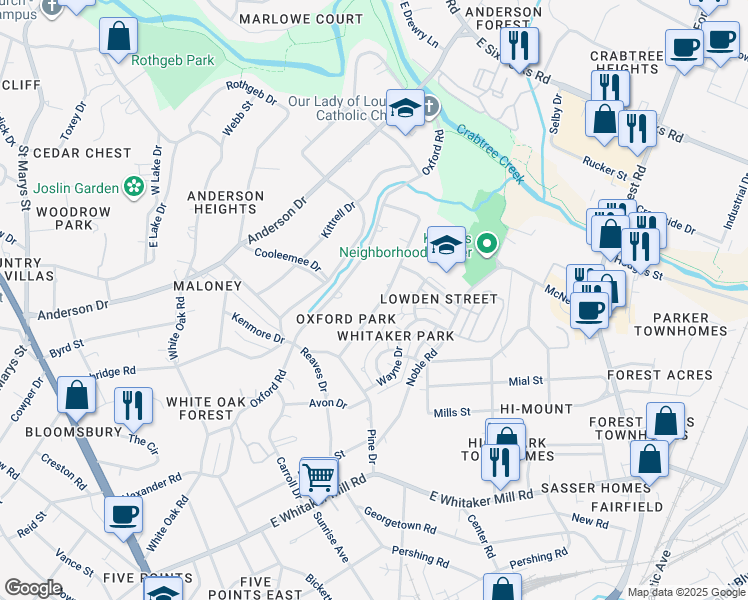 map of restaurants, bars, coffee shops, grocery stores, and more near 2439 Medway Drive in Raleigh