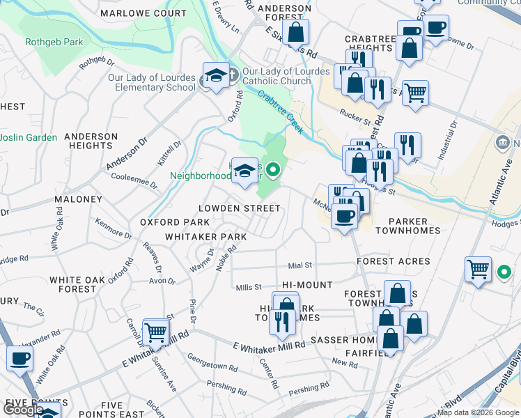 map of restaurants, bars, coffee shops, grocery stores, and more near 2440 Noble Road in Raleigh