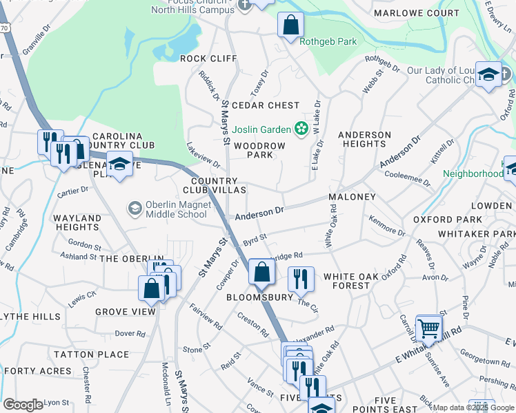 map of restaurants, bars, coffee shops, grocery stores, and more near 2508 Colton Place in Raleigh