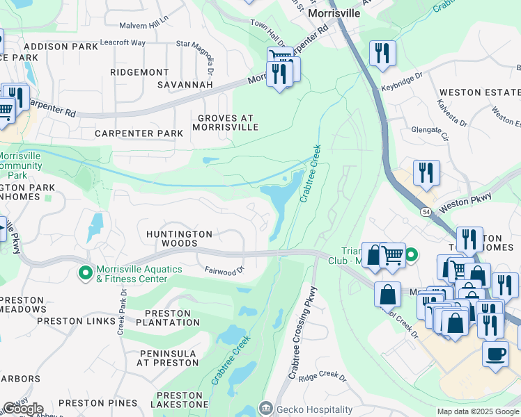 map of restaurants, bars, coffee shops, grocery stores, and more near 1114 Takeaway Place in Morrisville