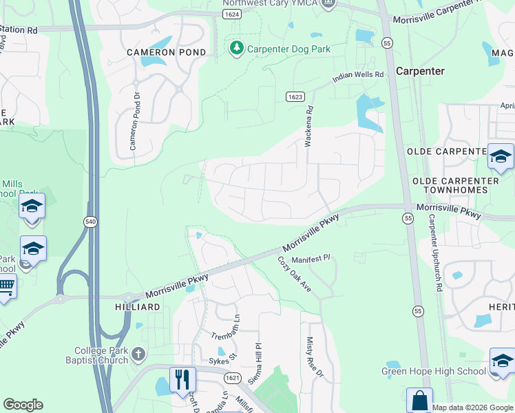 map of restaurants, bars, coffee shops, grocery stores, and more near 312 Leyton Lane in Cary