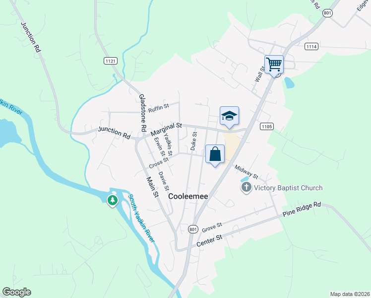 map of restaurants, bars, coffee shops, grocery stores, and more near 141 Church Street in Cooleemee