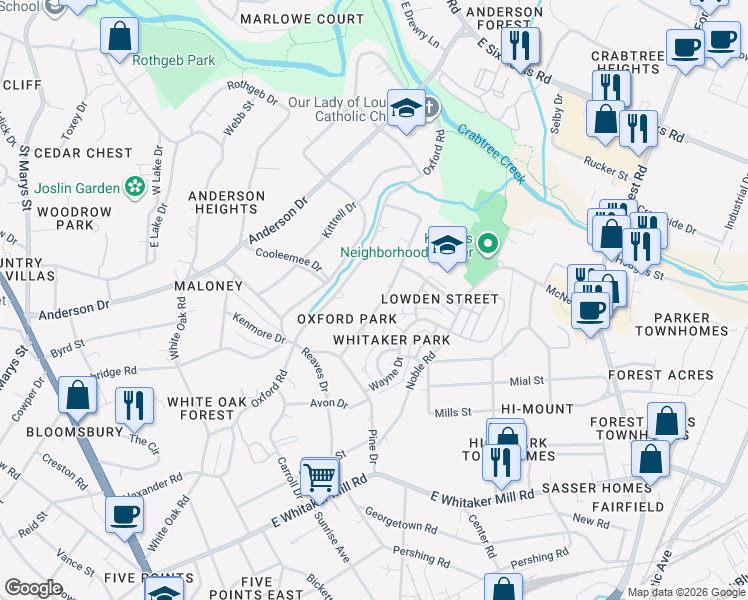 map of restaurants, bars, coffee shops, grocery stores, and more near 2439 Medway Drive in Raleigh