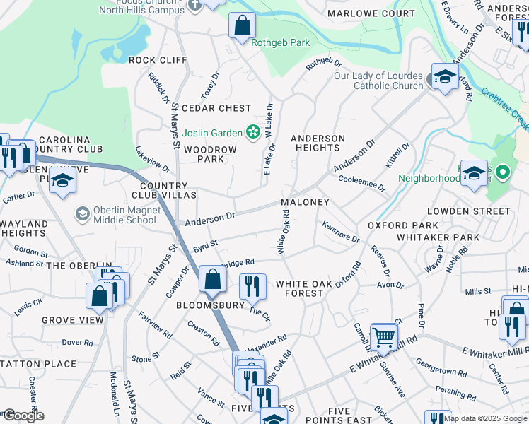 map of restaurants, bars, coffee shops, grocery stores, and more near 2416 Anderson Drive in Raleigh