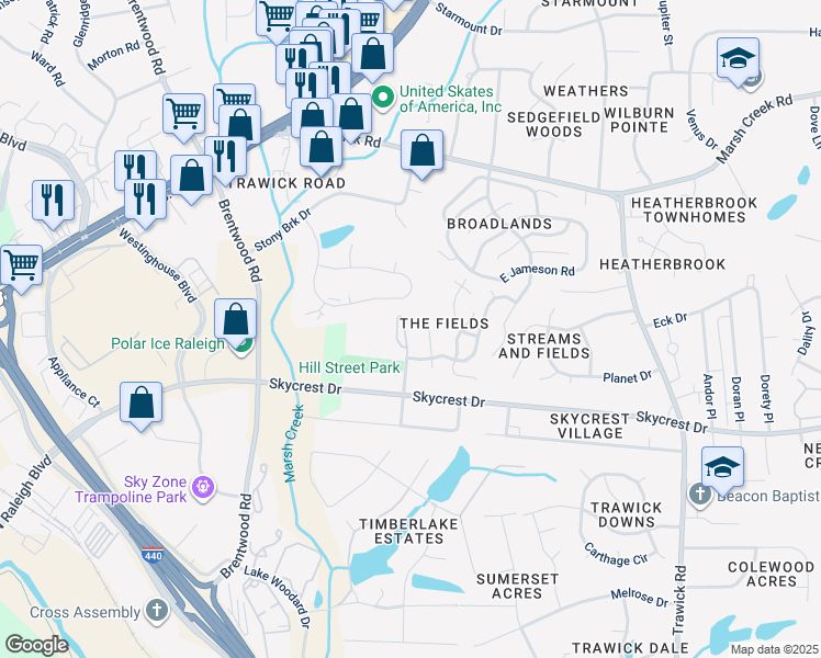 map of restaurants, bars, coffee shops, grocery stores, and more near 2420 Hill Street in Raleigh