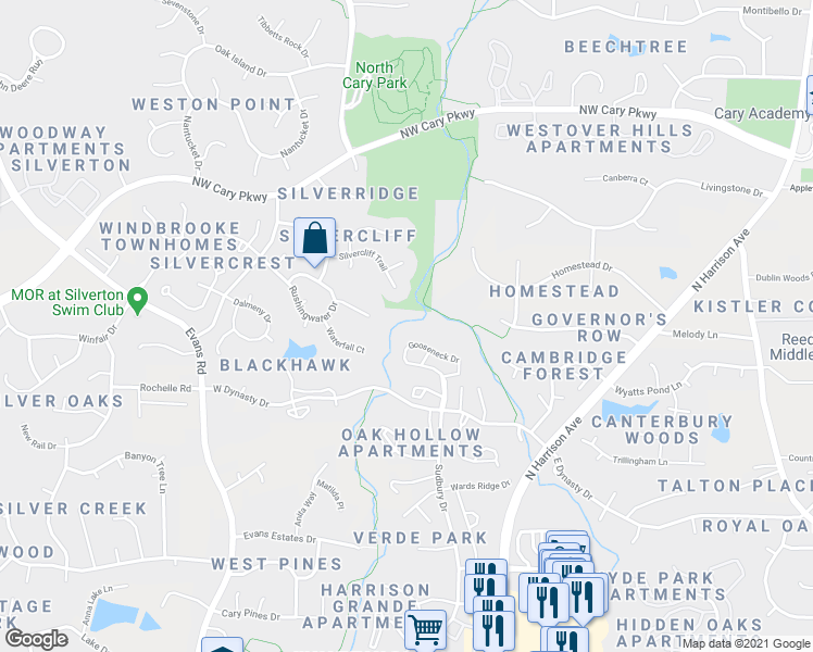 map of restaurants, bars, coffee shops, grocery stores, and more near 409 Gooseneck Drive in Cary