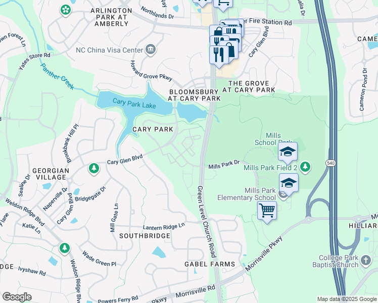 map of restaurants, bars, coffee shops, grocery stores, and more near 228 Waterford Lake Drive in Cary