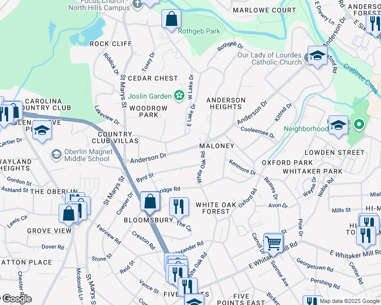 map of restaurants, bars, coffee shops, grocery stores, and more near 2418 Anderson Drive in Raleigh