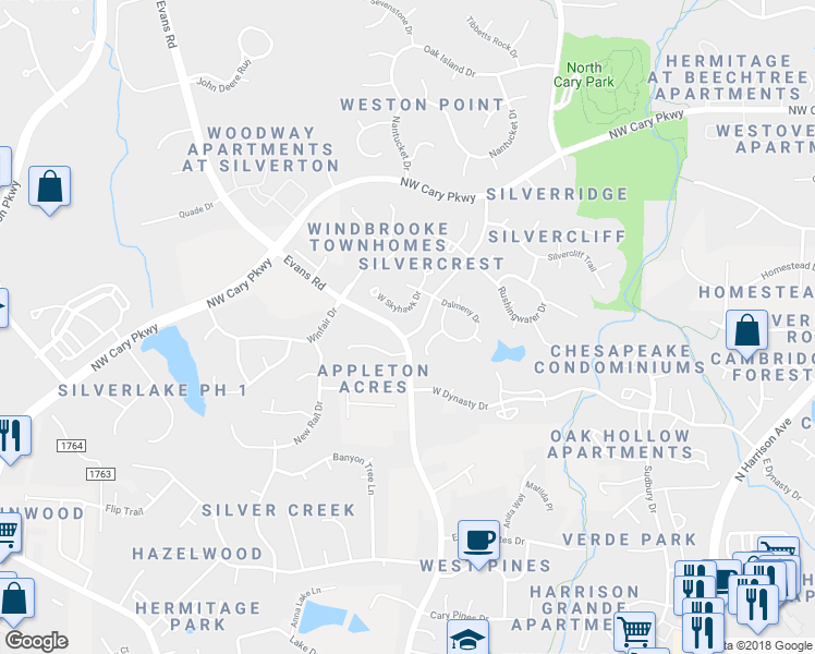 map of restaurants, bars, coffee shops, grocery stores, and more near 113 West Skyhawk Drive in Cary