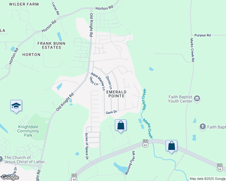 map of restaurants, bars, coffee shops, grocery stores, and more near 210 Zircon Lane in Knightdale