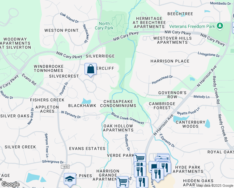 map of restaurants, bars, coffee shops, grocery stores, and more near 409 Gooseneck Drive in Cary