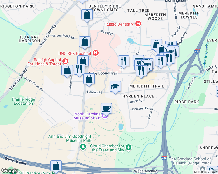 map of restaurants, bars, coffee shops, grocery stores, and more near 2300 Rexwoods Drive in Raleigh