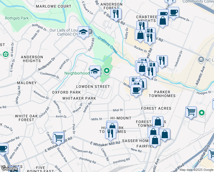 map of restaurants, bars, coffee shops, grocery stores, and more near 2440 Noble Road in Raleigh