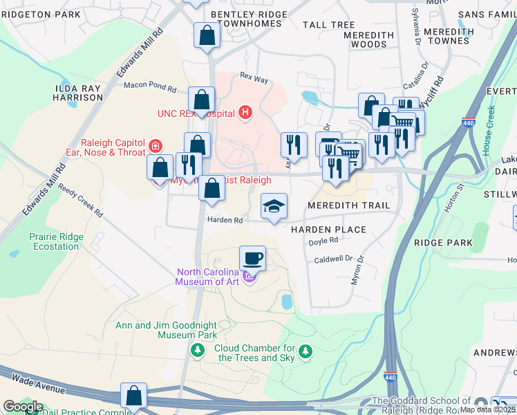 map of restaurants, bars, coffee shops, grocery stores, and more near 2300 Rexwoods Drive in Raleigh