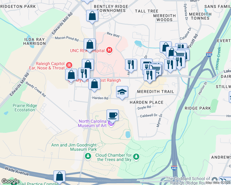 map of restaurants, bars, coffee shops, grocery stores, and more near 2300 Rexwoods Drive in Raleigh