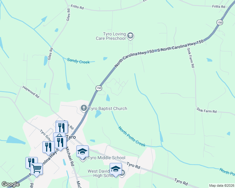 map of restaurants, bars, coffee shops, grocery stores, and more near 3905 South North Carolina Highway 150 in Lexington