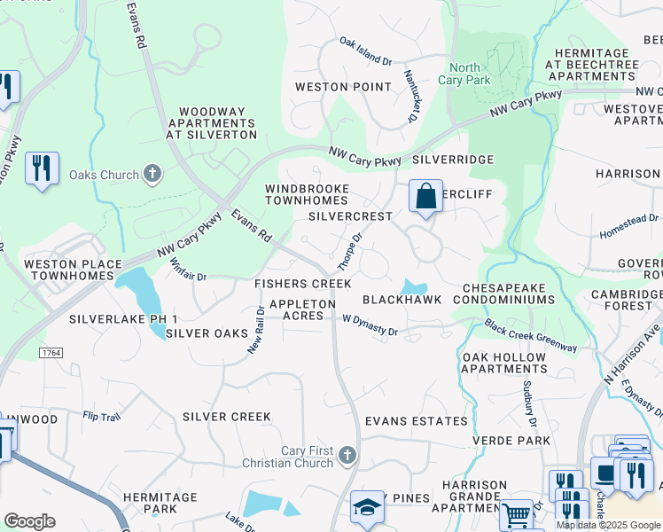 map of restaurants, bars, coffee shops, grocery stores, and more near 113 West Skyhawk Drive in Cary