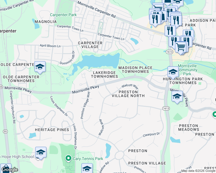 map of restaurants, bars, coffee shops, grocery stores, and more near 101 Ecklin Lane in Cary