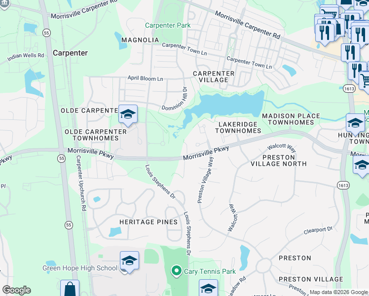 map of restaurants, bars, coffee shops, grocery stores, and more near 3900 Valley Side Court in Cary