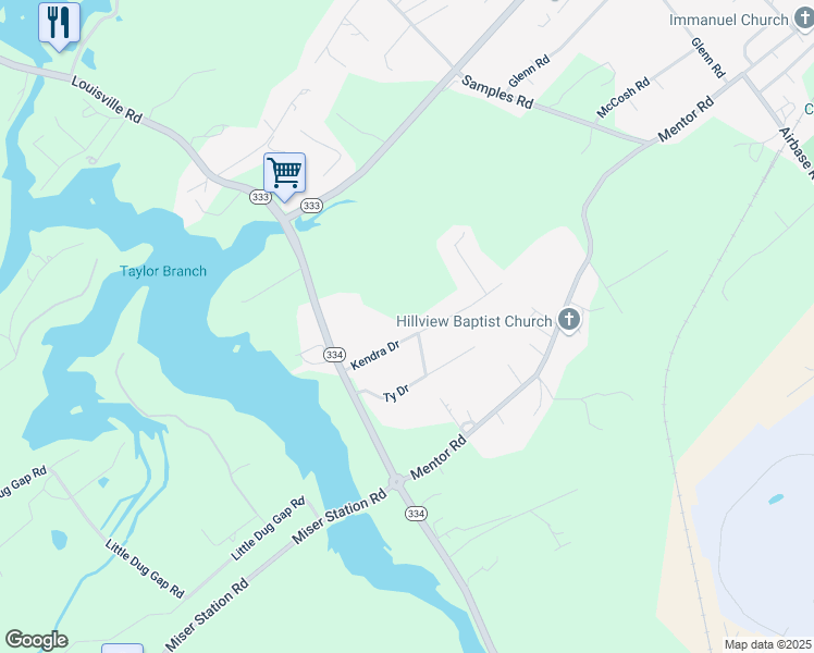 map of restaurants, bars, coffee shops, grocery stores, and more near 2904 Kendra Drive in Louisville