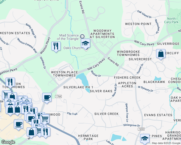 map of restaurants, bars, coffee shops, grocery stores, and more near 100 Pebble Ridge Farms Court in Cary
