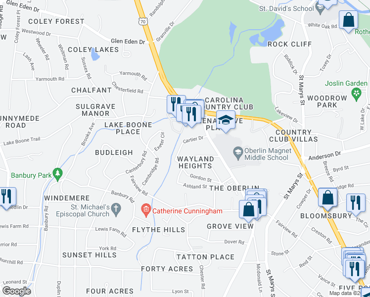 map of restaurants, bars, coffee shops, grocery stores, and more near 2709 Cartier Drive in Raleigh