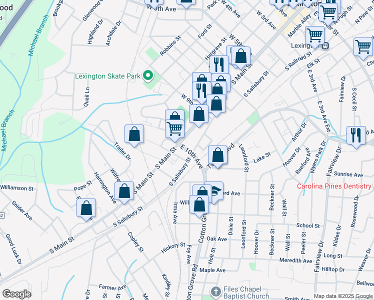 map of restaurants, bars, coffee shops, grocery stores, and more near 64 North Carolina 8 in Denton