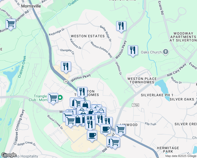 map of restaurants, bars, coffee shops, grocery stores, and more near 140 Wildfell Trail in Cary