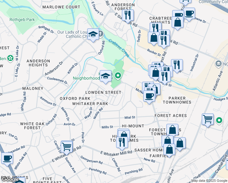 map of restaurants, bars, coffee shops, grocery stores, and more near 2428 Noble Road in Raleigh