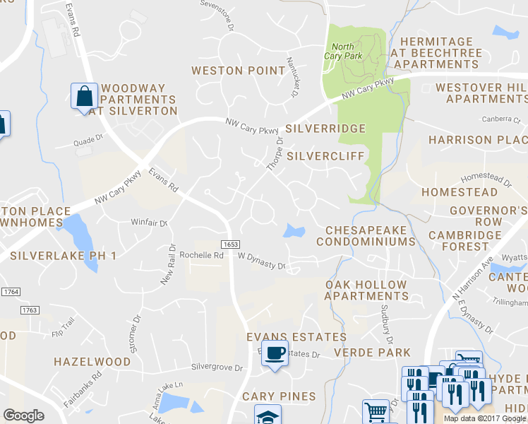 map of restaurants, bars, coffee shops, grocery stores, and more near 108 Dalmeny Drive in Cary
