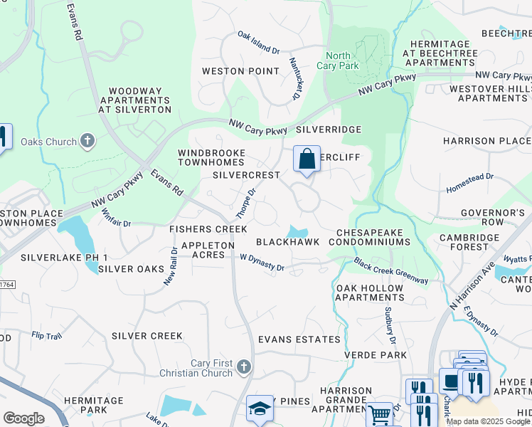 map of restaurants, bars, coffee shops, grocery stores, and more near 108 Dalmeny Drive in Cary