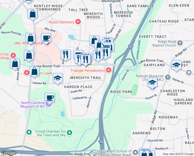 map of restaurants, bars, coffee shops, grocery stores, and more near 3312 Harden Road in Raleigh