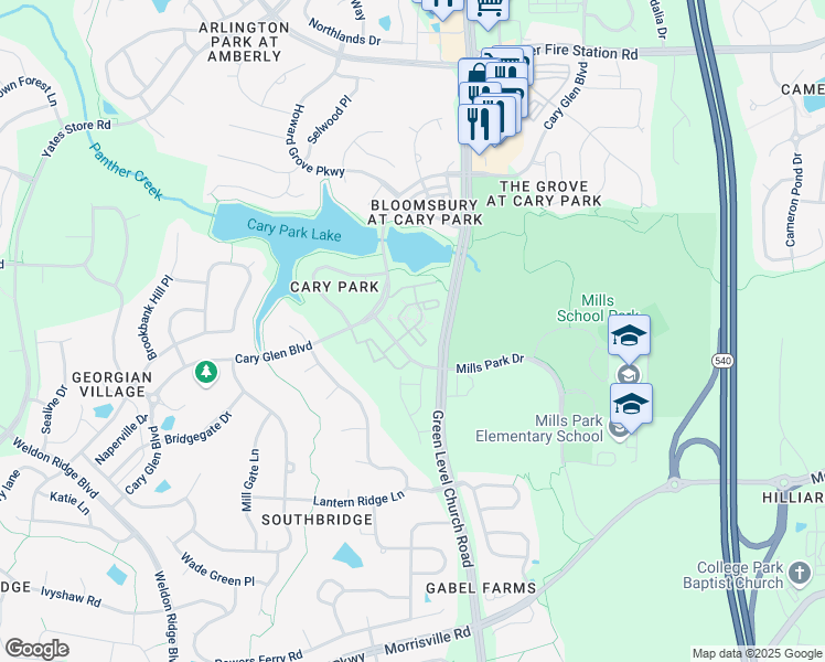 map of restaurants, bars, coffee shops, grocery stores, and more near 426 Waterford Lake Drive in Cary