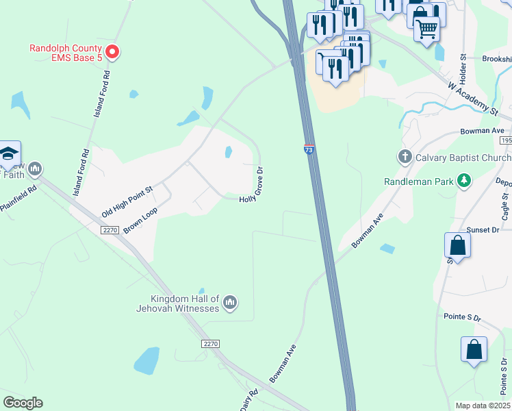 map of restaurants, bars, coffee shops, grocery stores, and more near 749 Holly Grove Drive in Randleman