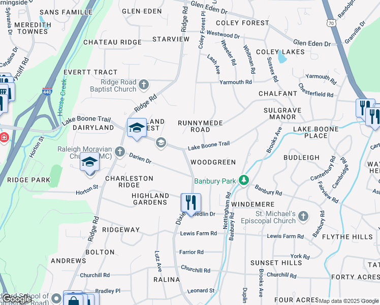 map of restaurants, bars, coffee shops, grocery stores, and more near 911 Lake Boone Trail in Raleigh