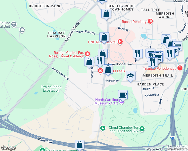 map of restaurants, bars, coffee shops, grocery stores, and more near 4505 Fair Meadow Lane in Raleigh