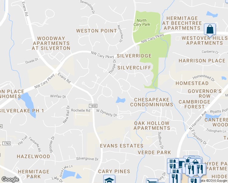 map of restaurants, bars, coffee shops, grocery stores, and more near 115 Dalmeny Drive in Cary