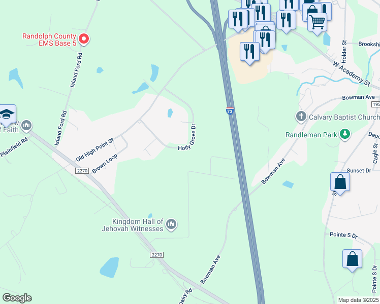 map of restaurants, bars, coffee shops, grocery stores, and more near 749 Holly Grove Drive in Randleman